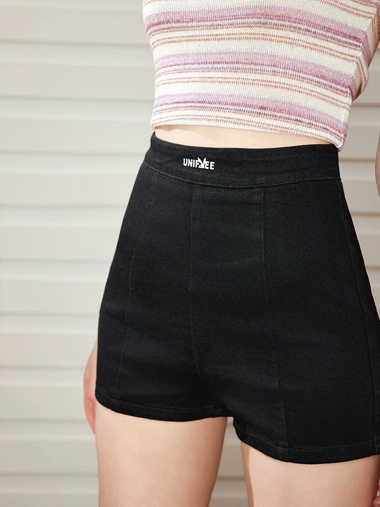 High Waist Tight Black Denim Short Pants NA3457