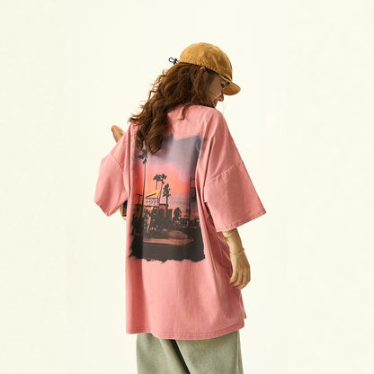 Landscape Print Short Sleeve Oversize T-shirt NA3061