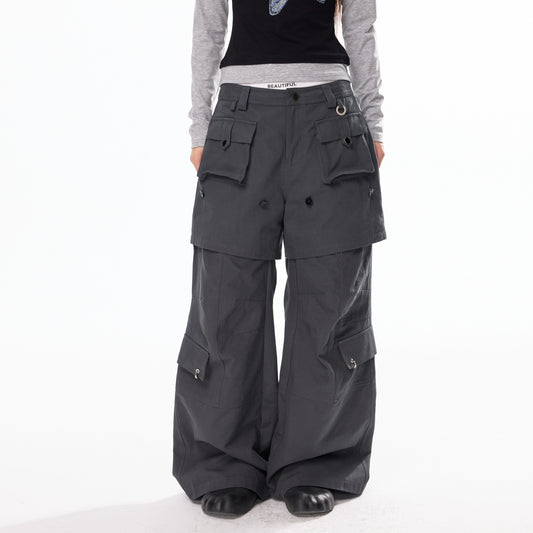 Detachable Multi-Way Plaid-Patchwork Wide-Leg Pants NA7128