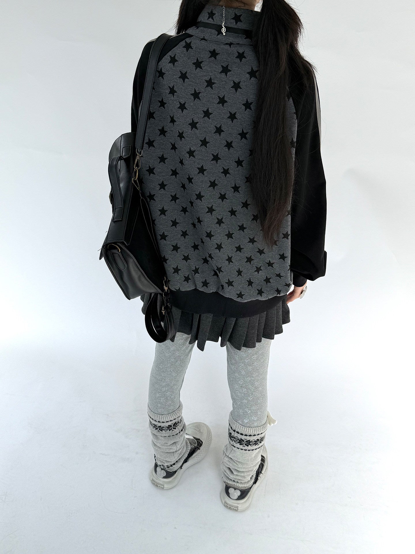 Star Print Double Zipper High-Neck Oversize Cardigan NA9277