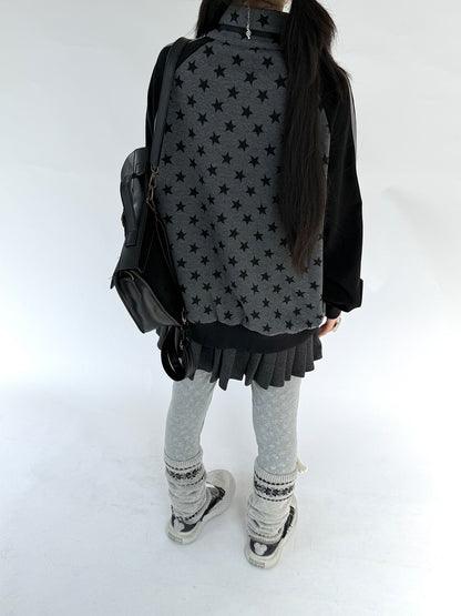 Star Print Double Zipper High-Neck Oversize Cardigan NA9277