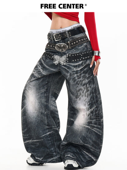 Butterfly Double Waistband 3D Print Wide Leg Denim Jeans NA8875
