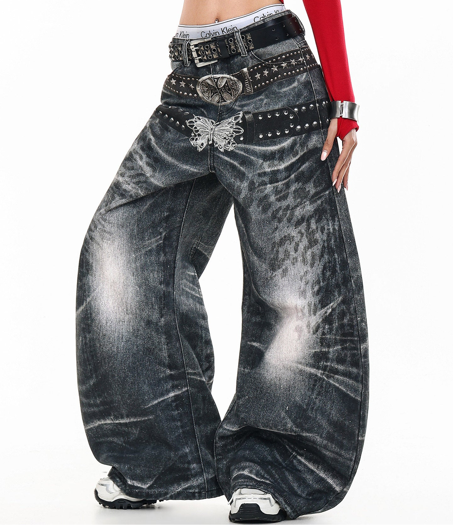 Butterfly Double Waistband 3D Print Wide Leg Denim Jeans NA8875