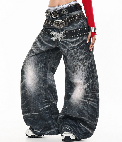 Butterfly Double Waistband 3D Print Wide Leg Denim Jeans NA8875