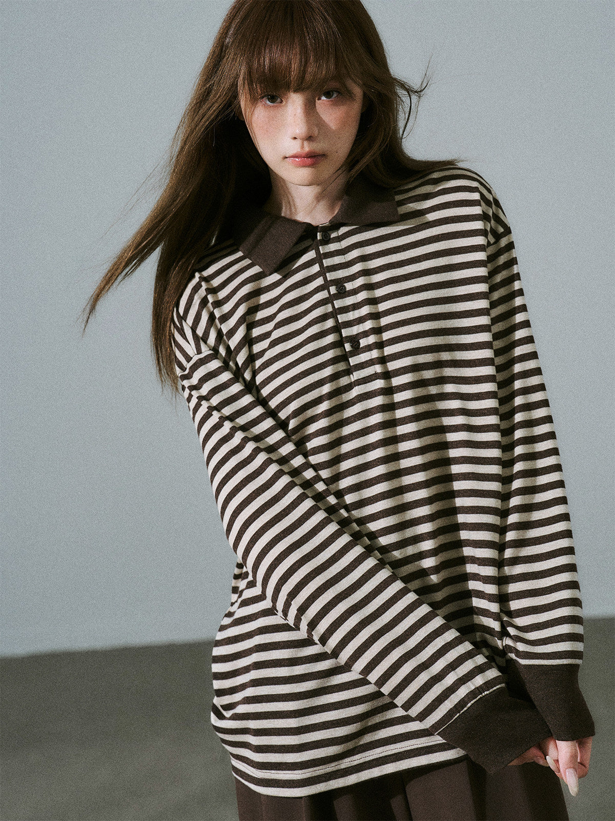 Brown Striped Long Sleeve Polo-Shirt NA8813