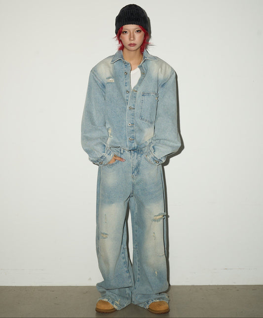 Ripped Damage Denim Jacket &Wide Leg Denim Jeans Setup NA9156