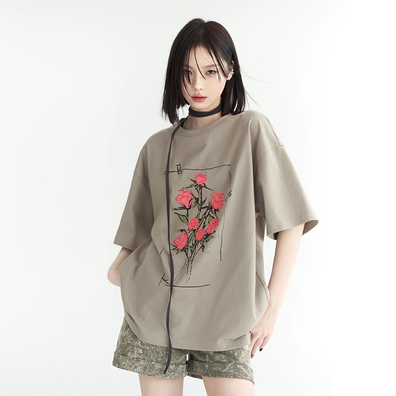 Rose Print Oversized Short Sleeve T-Shirt NA2741