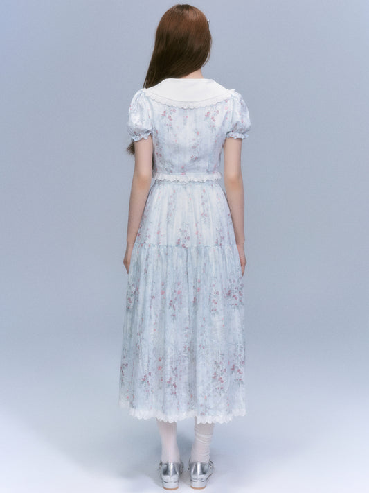 Floral-Print Blouse & Lace Trim Flared Skirt Setup NA8827