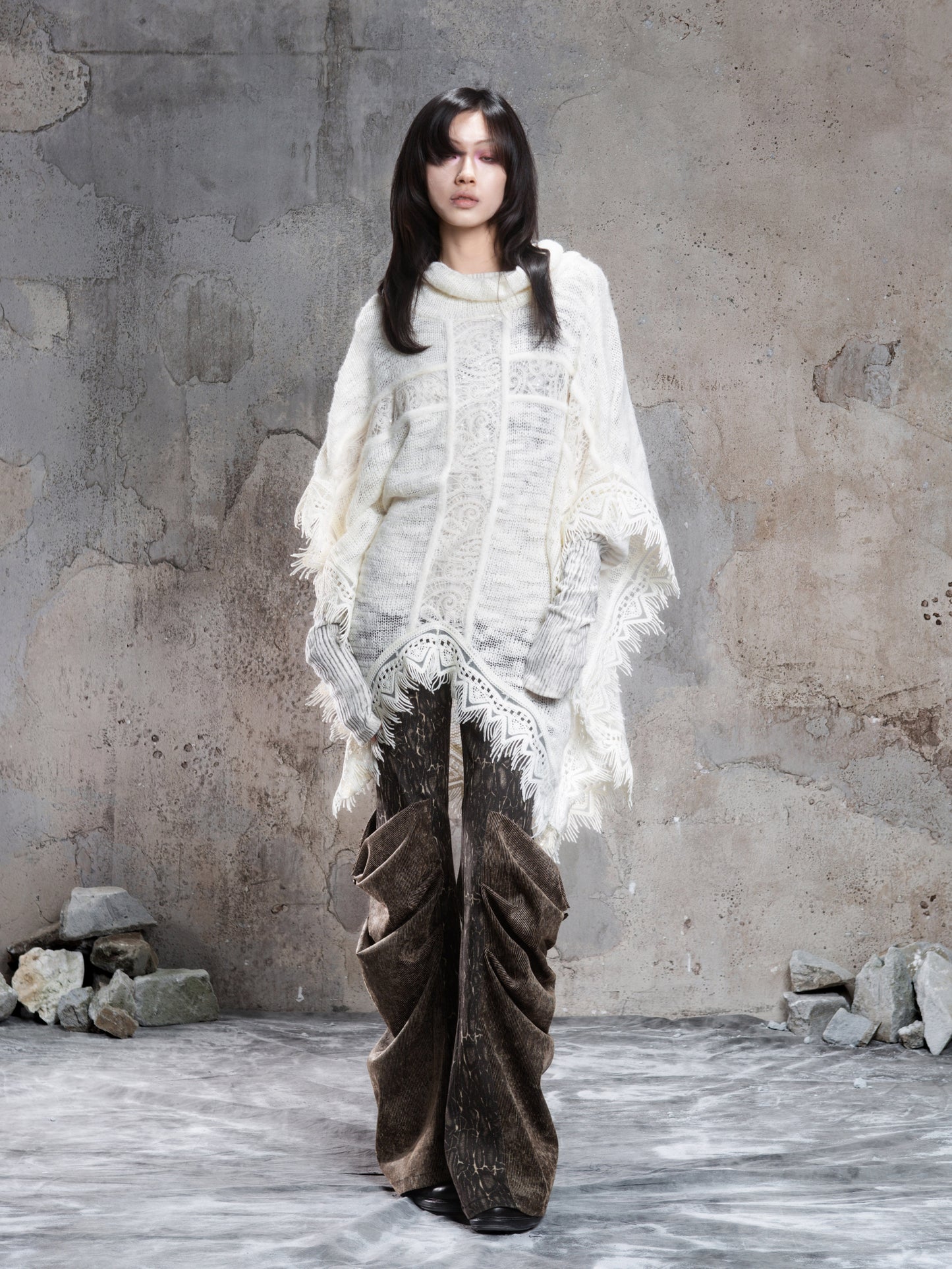 Punk Cross Cape Asymmetric Fringe Knit Sweater NA8355
