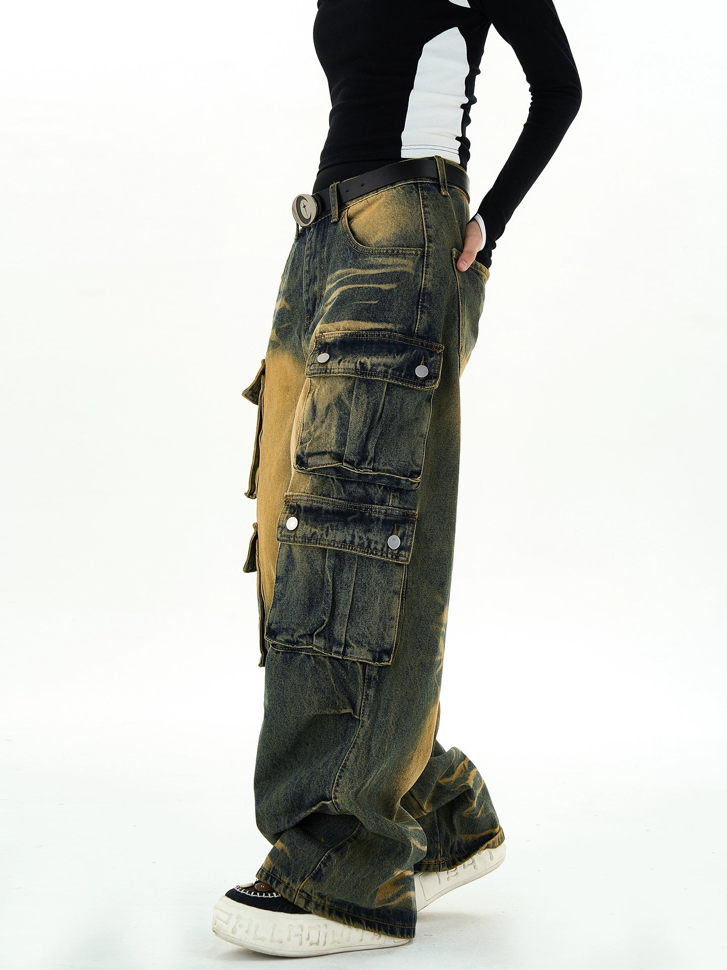 Washed Multi Pocket Wide Leg Cargo Denim Jeans NA2948