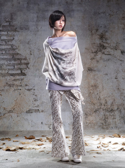 Original Fake Two-Piece Oversize Batwing Sleeve Floral Off-Shoulder Long Sleeve T-Shirts NA8353