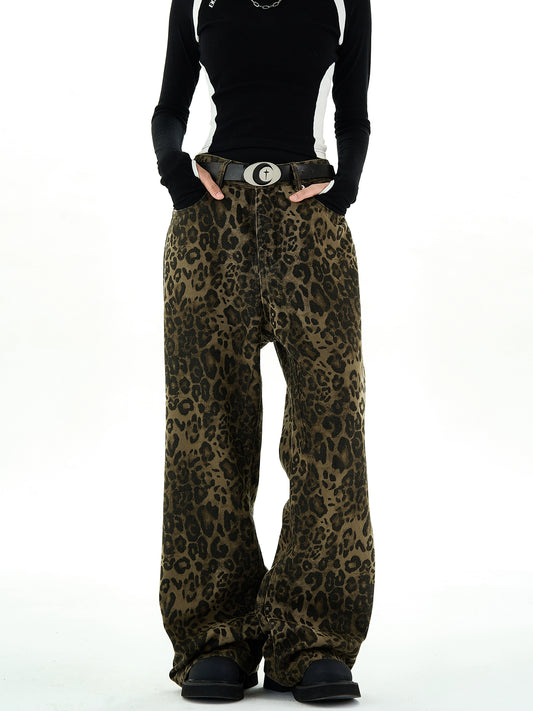 Leopard Print Wide-Leg Straight Denim Jeans NA2943