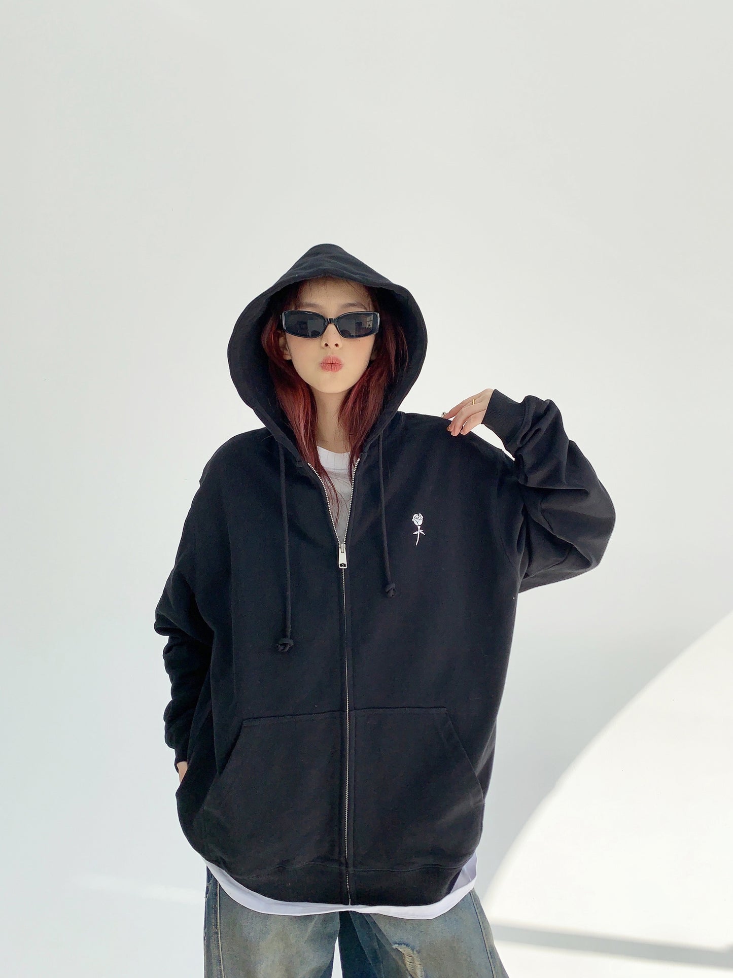 Rose Embroidery Oversize Zipper Hoodie NA2856