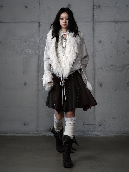 Fake Fur Trim Drawstring Oversize Knit Cardigan NA9005