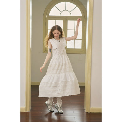 Embroidery Splicing Round Neck French Flying Sleeve Dress NA5307