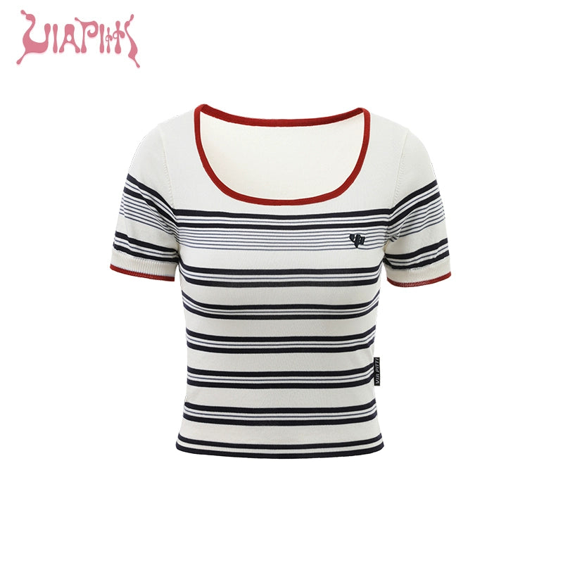 Thin Square Neck Stripe Short Sleeve T-shirt NA4697