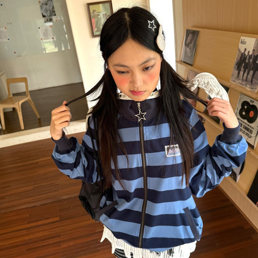 Striped Oversize Stand Collar Zipper Jacket NA9269