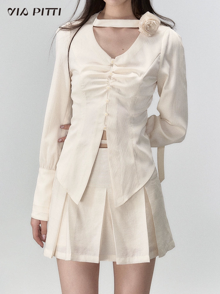 Drape V-neck Button Up Long Sleeve Shirt & Pleats Skirt Setup NA4815