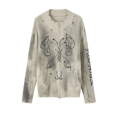 Washed Damage Graffiti Design Oversize Knit Cardigan NA8930