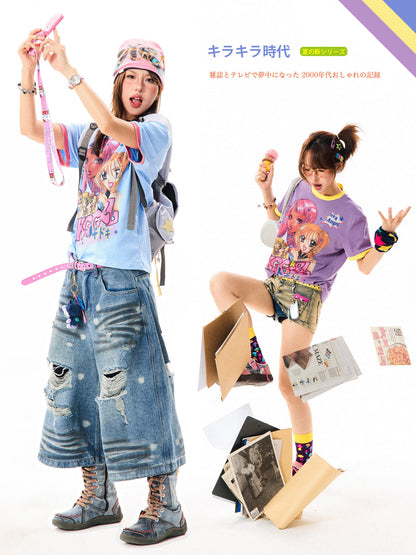 Girl Illustration Print Contrast Short Sleeve T-Shirt NS9322