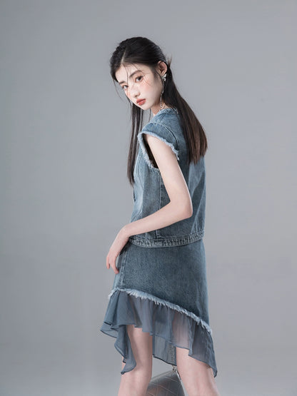 Denim Sleeveless Top & Splicing Bow Denim Skirt Setup NA5555