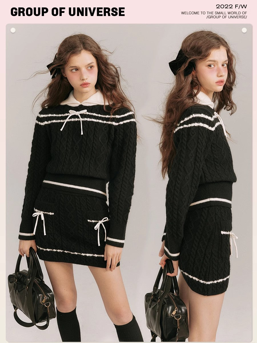 Bow Contrast Knit Sweater & Knit Short Skirt Setup NA5857