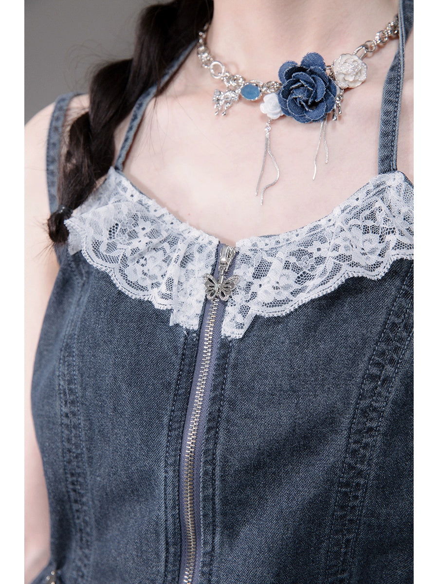 Double Strap V-neck Lace Denim Camisole & Wide-Leg Straight Denim Jeans Setup NA5527