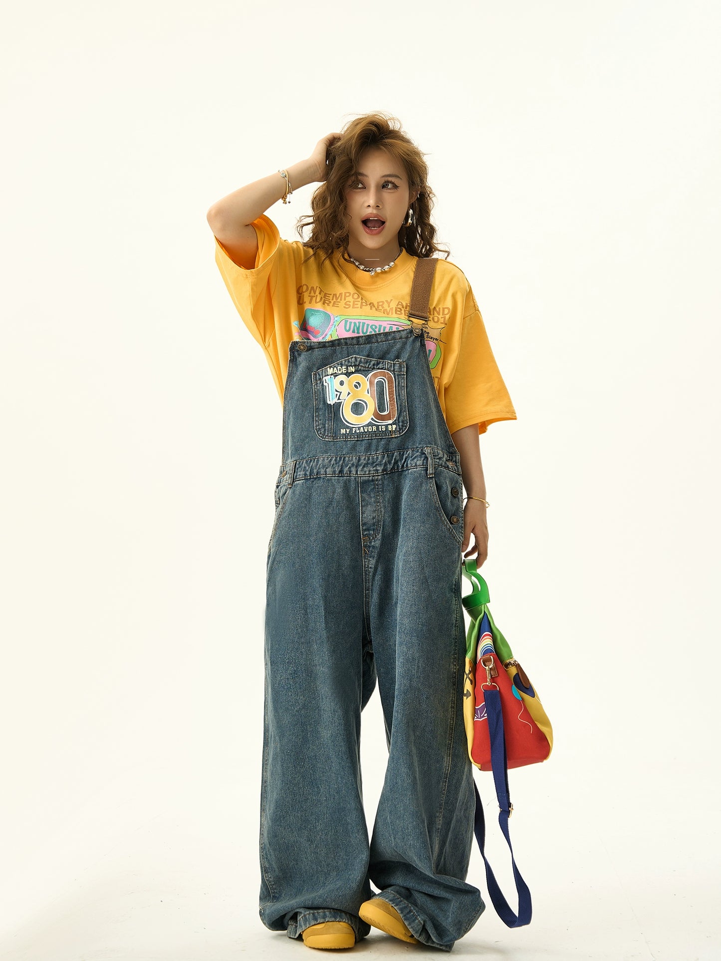 Graffiti Print Wide Leg Denim Overalls NA3113