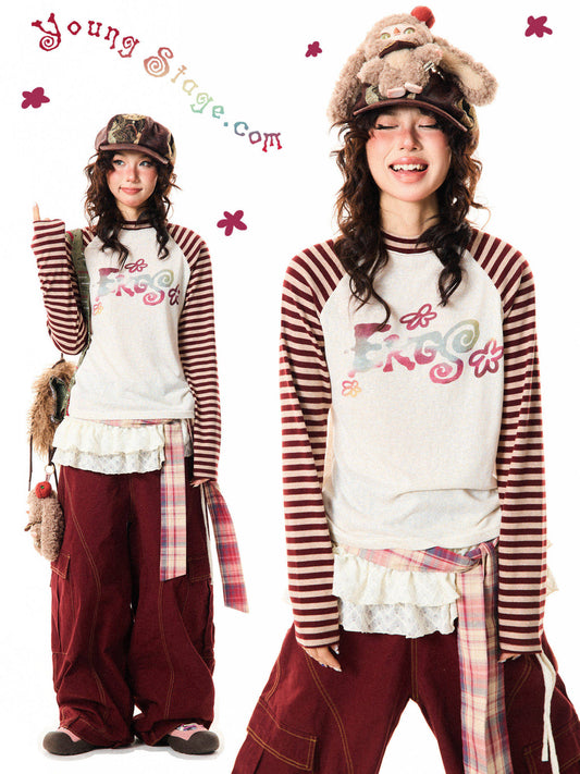 Stripe Raglan Graphic Print Long Sleeve T-Shirt NA9344