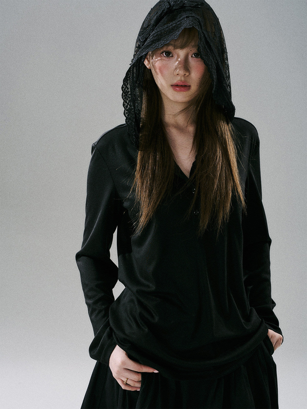 Lace Bow Hooded Long Sleeve Lyocell Shirt NA8815