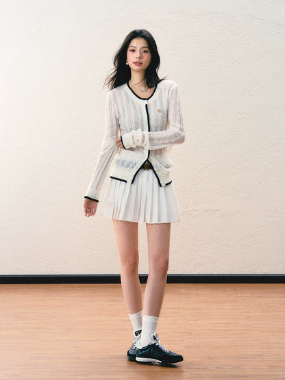 Sheer Knit Cardigan & Pleated Short Skirt NA5797