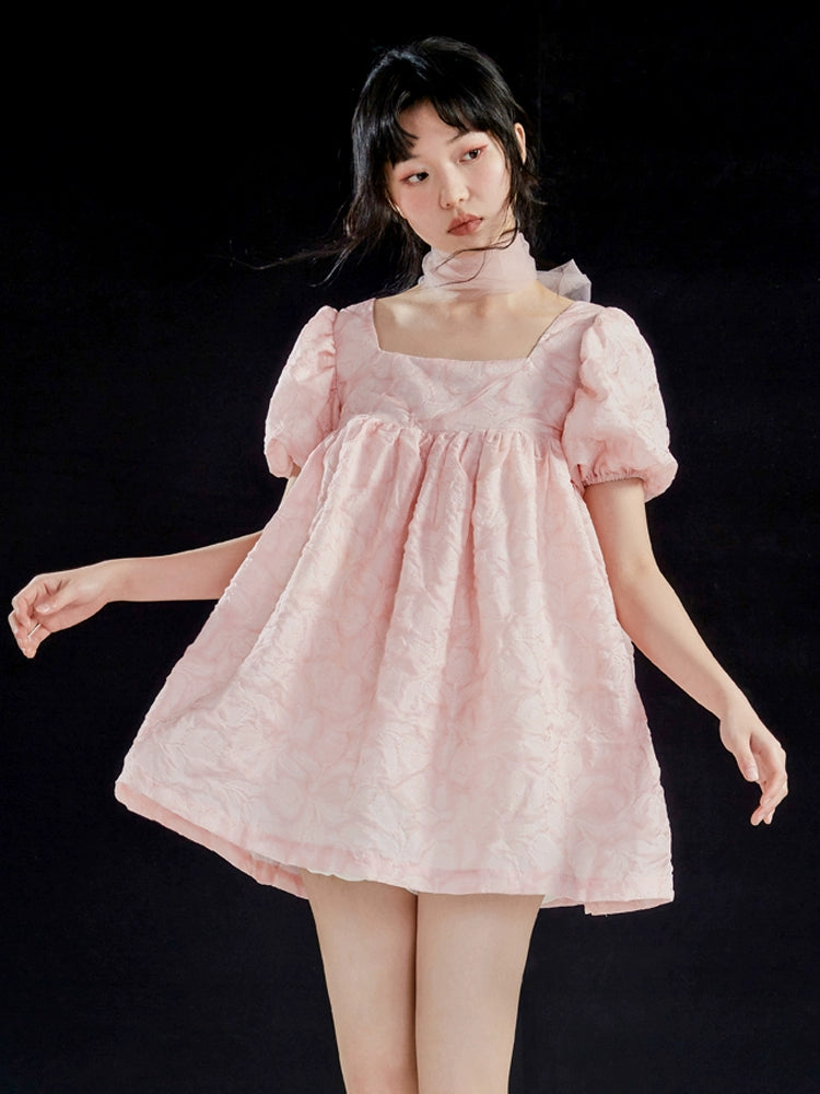 With Tulle Ribbon Bubble Sleeve Dress NA5645