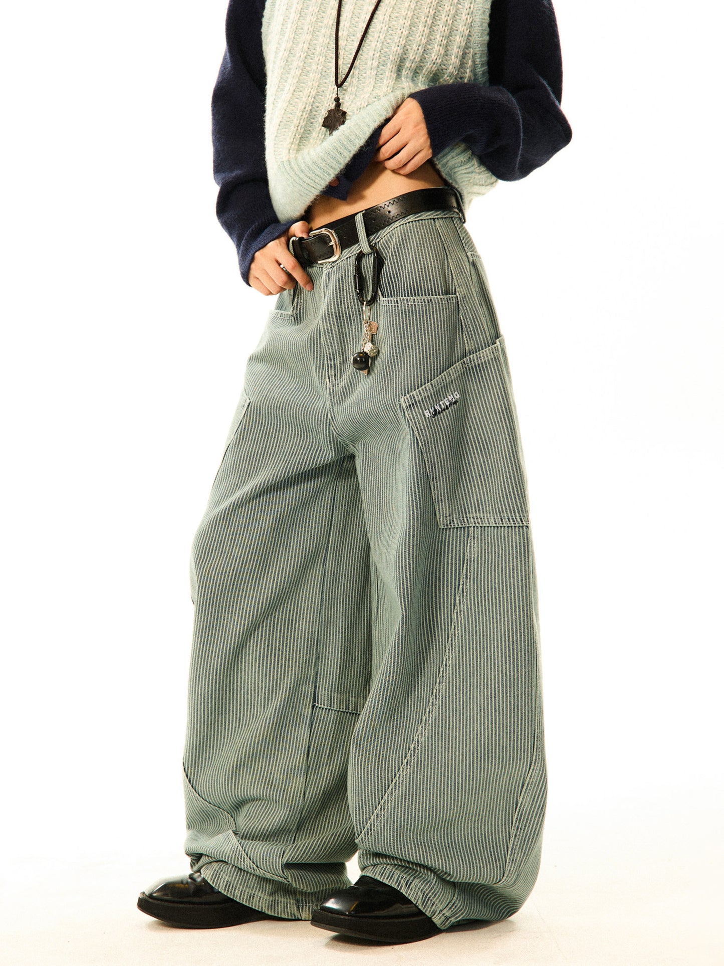 Stripe Pattern Wide Leg Denim Jeans NA9353