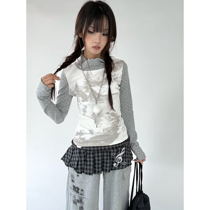 Polka Dot Print High-Neck Long Sleeve T-Shirt NA9249