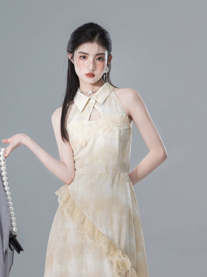 Lace Shoulder Digging Ruffle Hem Dress NA5549