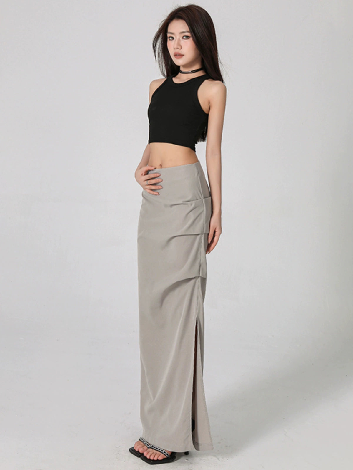 Low Waist Pleated Cross Long Skirt NA4564