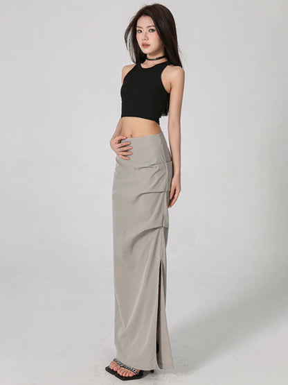 Low Waist Pleated Cross Long Skirt NA4564