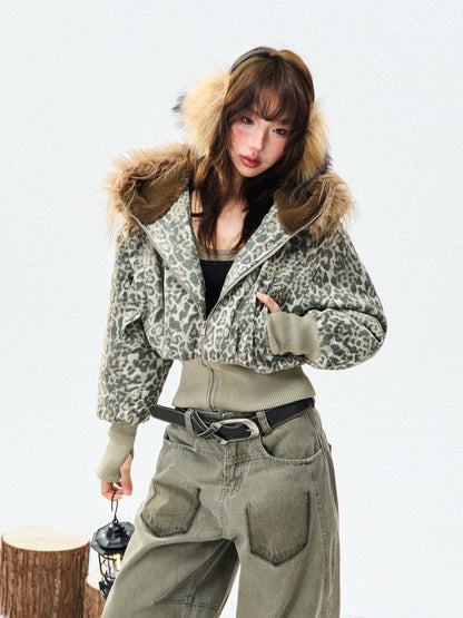 Leopard Print Fur-Trim Hood Puffer Jacket NA9416