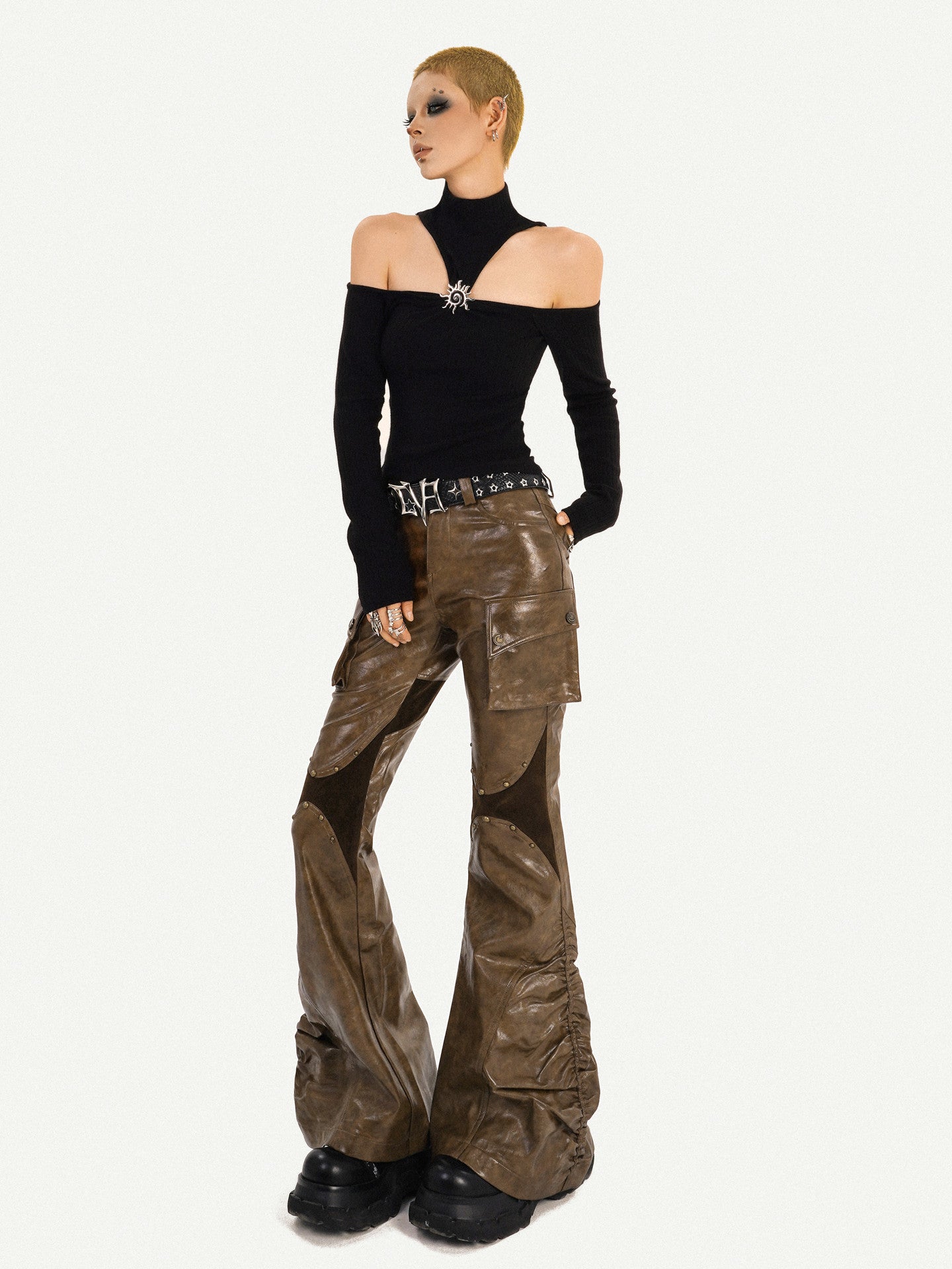 PU Leather Patchwork Fitted Flare Pants NA8581
