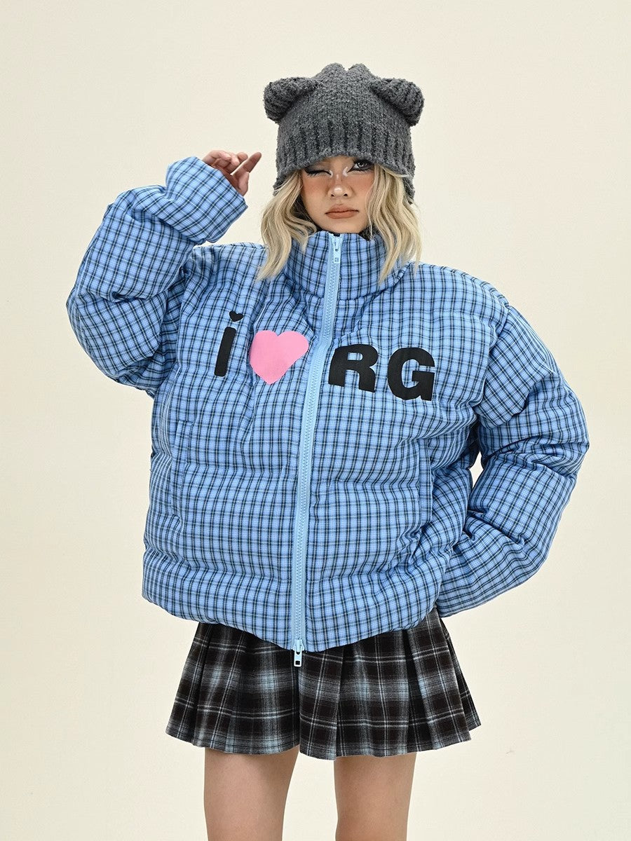 Heart Plaid Stand Neck Short Puffer Jacket NA6227