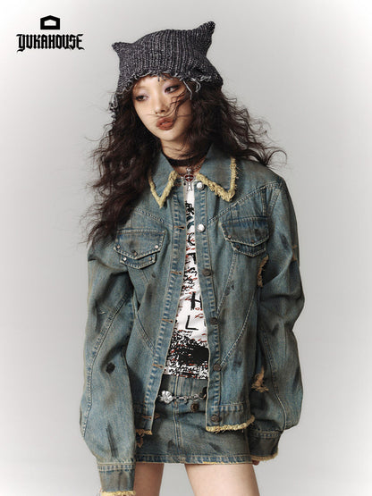 Washed Frayed Collar Denim Jacket & Denim Short Skirt Setup NA8915