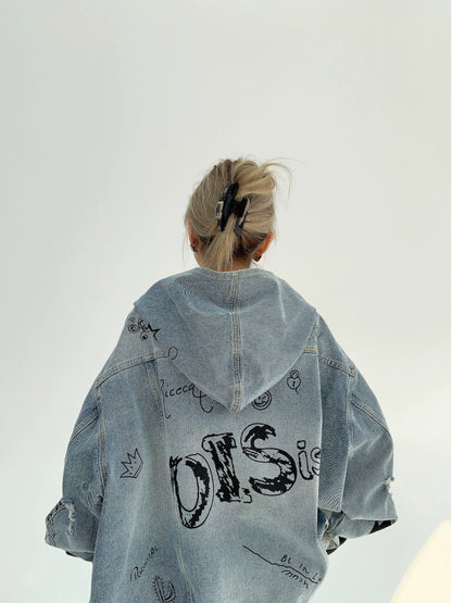 Graffiti Print Oversize Hooded Denim Jacket NA2826