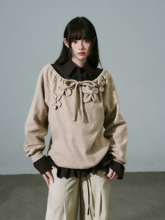 Handmade Flower Drawstring Wool Fake Layered Knit Sweater NA8802