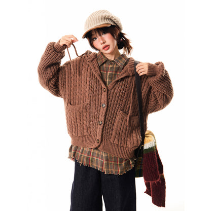 Hooded Button Oversize Cable Knit Cardigan NA9354