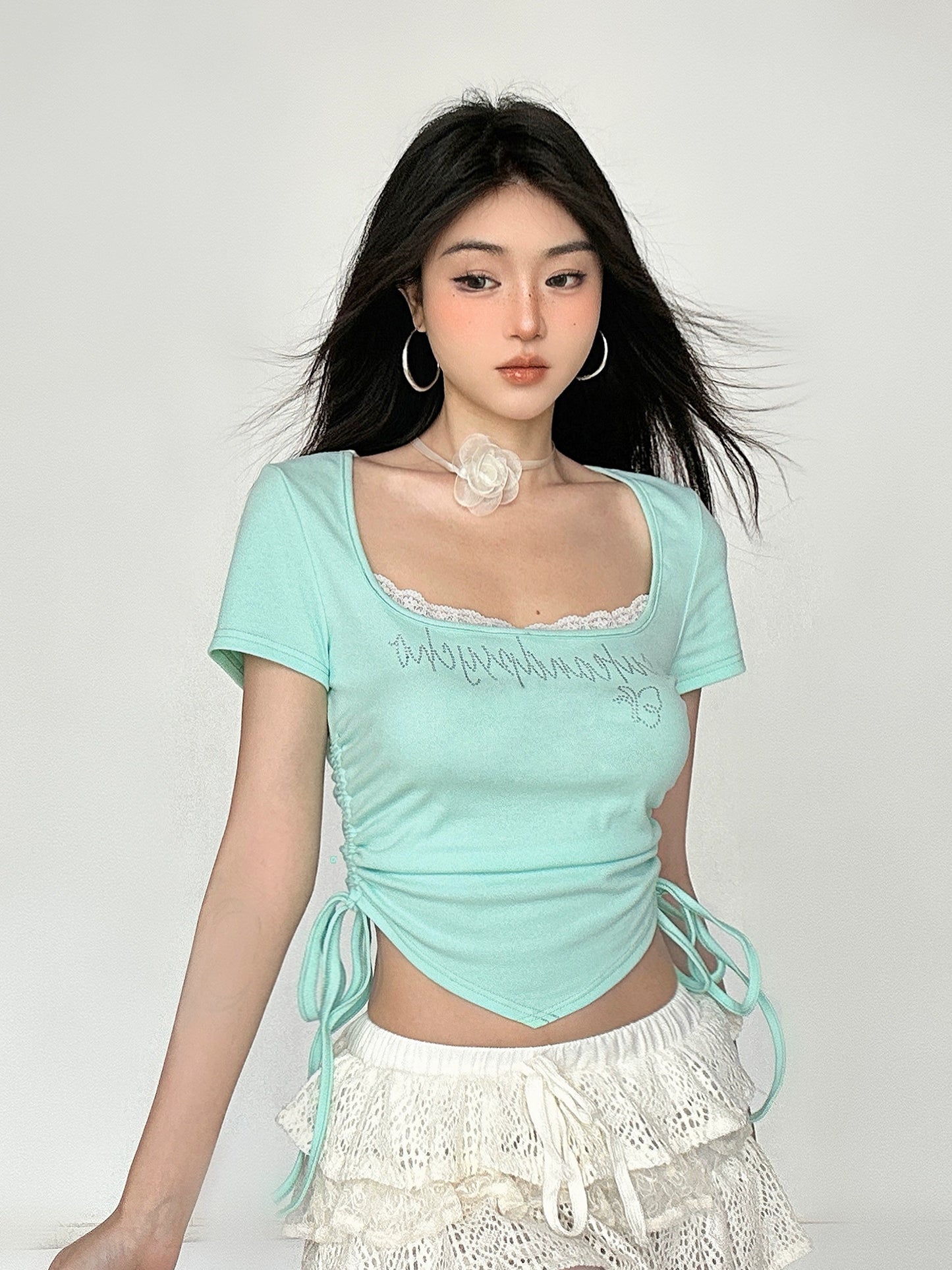 Lace Splice Waist Wrapped Short Sleeve T-shirt NA4557