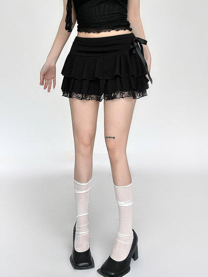 Bow Spliced Ruffle Short Skirt NA4580