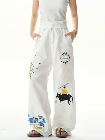 Embroidery Design Wide-Leg Straight Denim Jeans NA3185