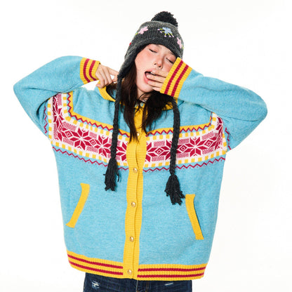 Contrast Pattern Hooded Knit Cardigan NA9340