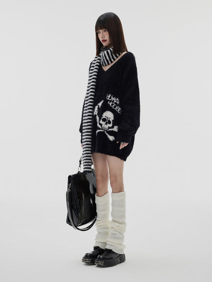 Mohair Skull Pattern Oversize V-Neck Knit Cardigan & Striped Scarf NA8905