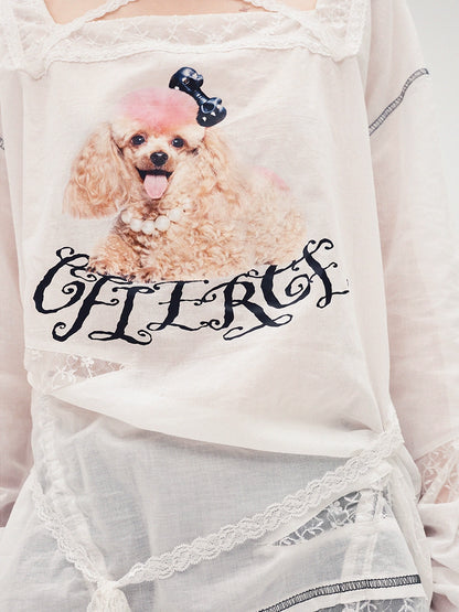 Dog Print Lace-Trim Long Sleeve T-shirt NA6649